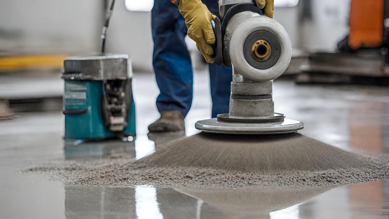 Worker using a concrete floor grinder