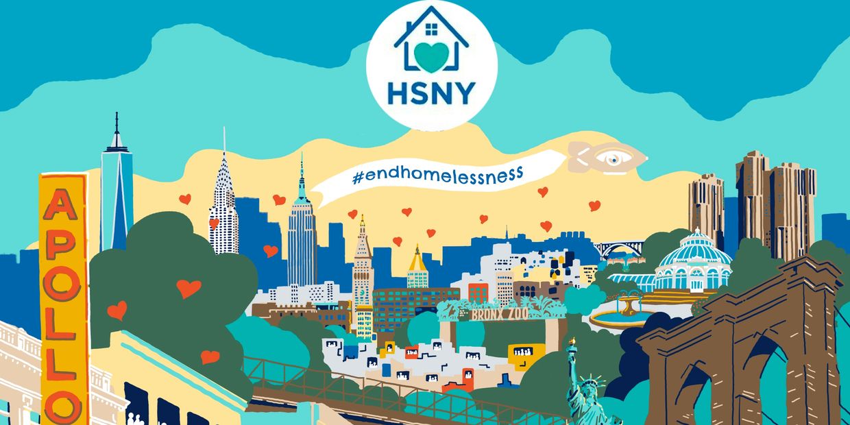 Illustrated New York City skyline with #endhomelessness banner and HSNY logo.