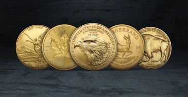A row of five gold coins featuring various designs and inscriptions.