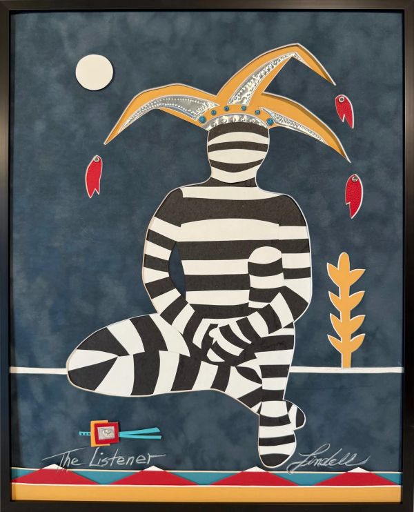 Abstract figure in striped suit and jester hat titled 'The Listener'.