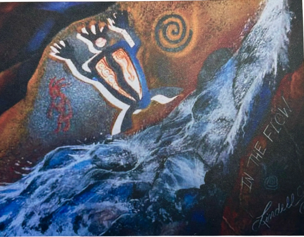 Cave painting showing petroglyphs by a flowing stream