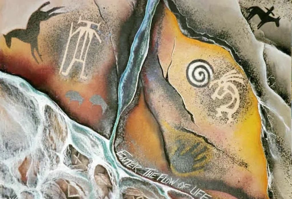 Cave painting showing a small stream of water joining a stream