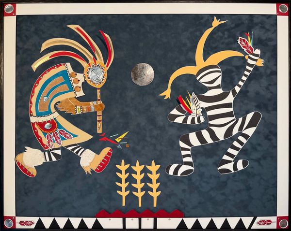 Colorful Native American inspired dance scene with two figures.