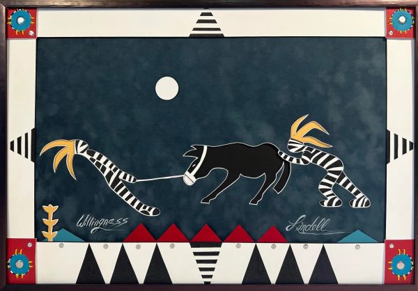 Stylized artwork of two figures and a black animal under a moonlit sky.