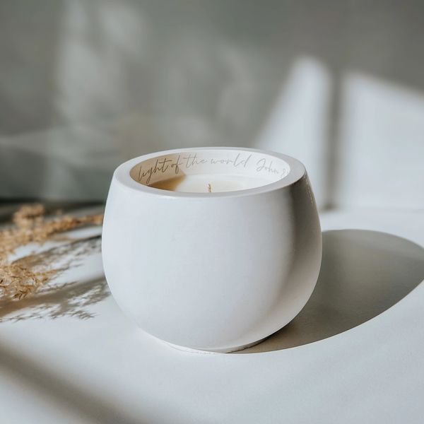 Concrete Bible Verse Candle John 8:12 Light of the World engraved