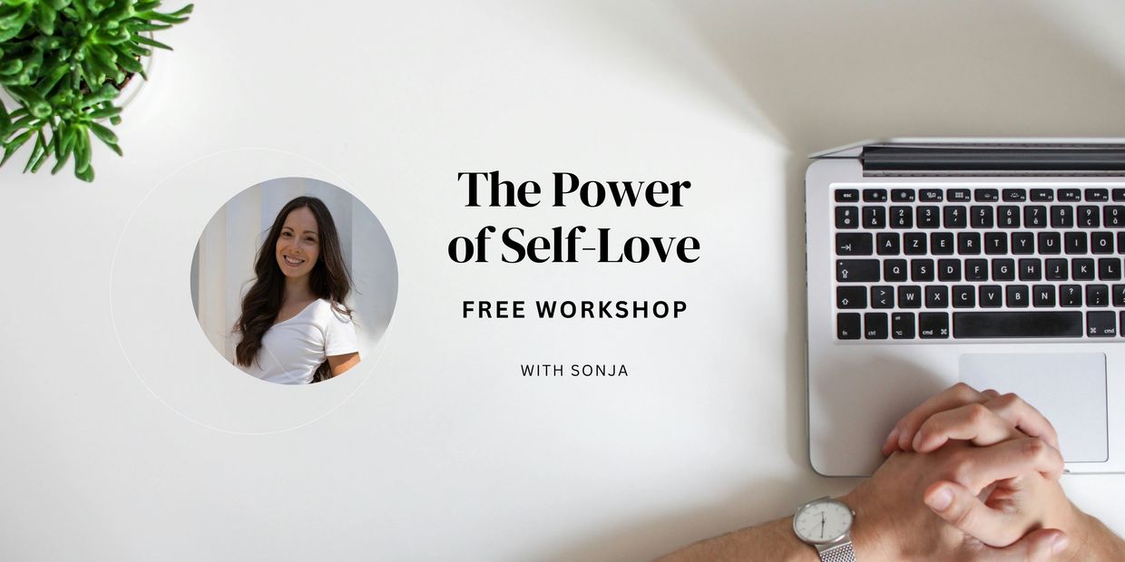 Advertisement for a free self-love workshop with Sonja, featuring a laptop and hands on a desk.