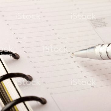 A pen pointing at a blank page in a ring-bound planner.