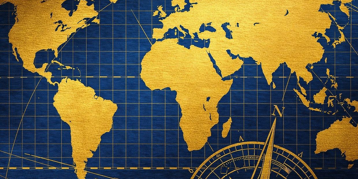Stylish golden world map on a deep blue grid background with a compass.