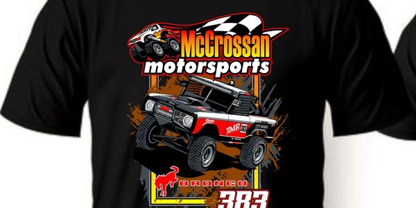 Black t-shirt featuring a bold McCrossan Motorsports Bronco 383 design.