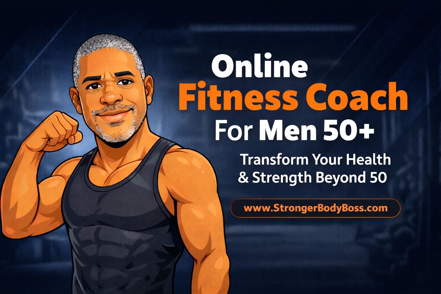 Cartoon of a muscular man promoting an online fitness coach for men over 50.