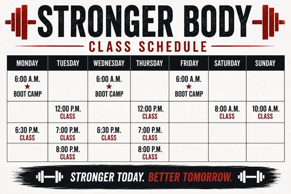 Weekly class schedule for Stronger Body gym with boot camp and various classes.