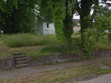 Overgrown grassy lots with concrete stairs along a sidewalk in a residential area.