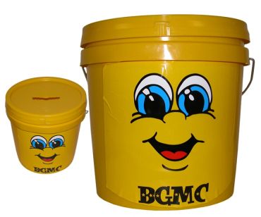Two yellow buckets with smiling cartoon faces.
