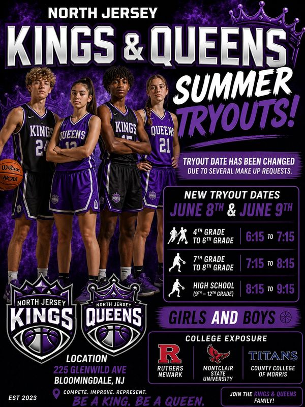 North Jersey Kings & Queens basketball summer tryouts for grades 4-12 in Bloomingdale, NJ.