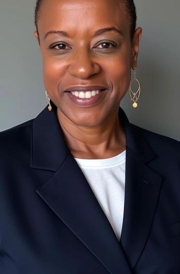 Smiling woman in a black blazer and white top against a gray background.