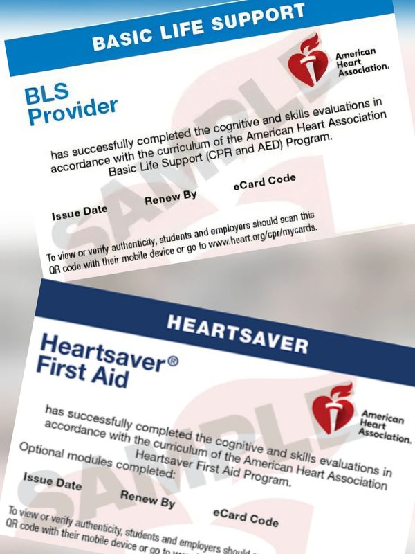Sample American Heart Association BLS and Heartsaver First Aid cards.