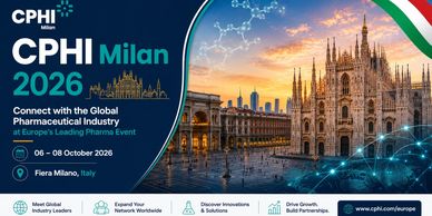 Promotional banner for CPHI Milan 2026 pharmaceutical event in Italy.