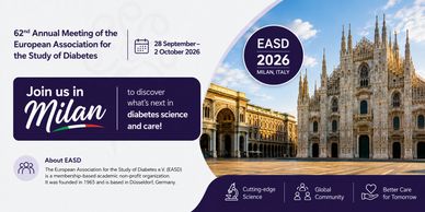Announcement for the 62nd Annual EASD Meeting in Milan, Italy, 2026 on diabetes science.