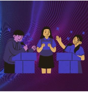 Three people engaging in a fun quiz or game show setting.