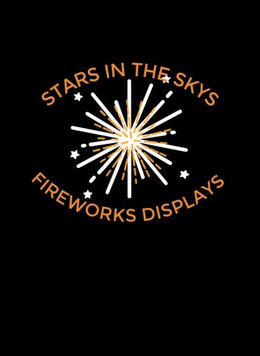 Stylized fireworks logo with orange text on black background.