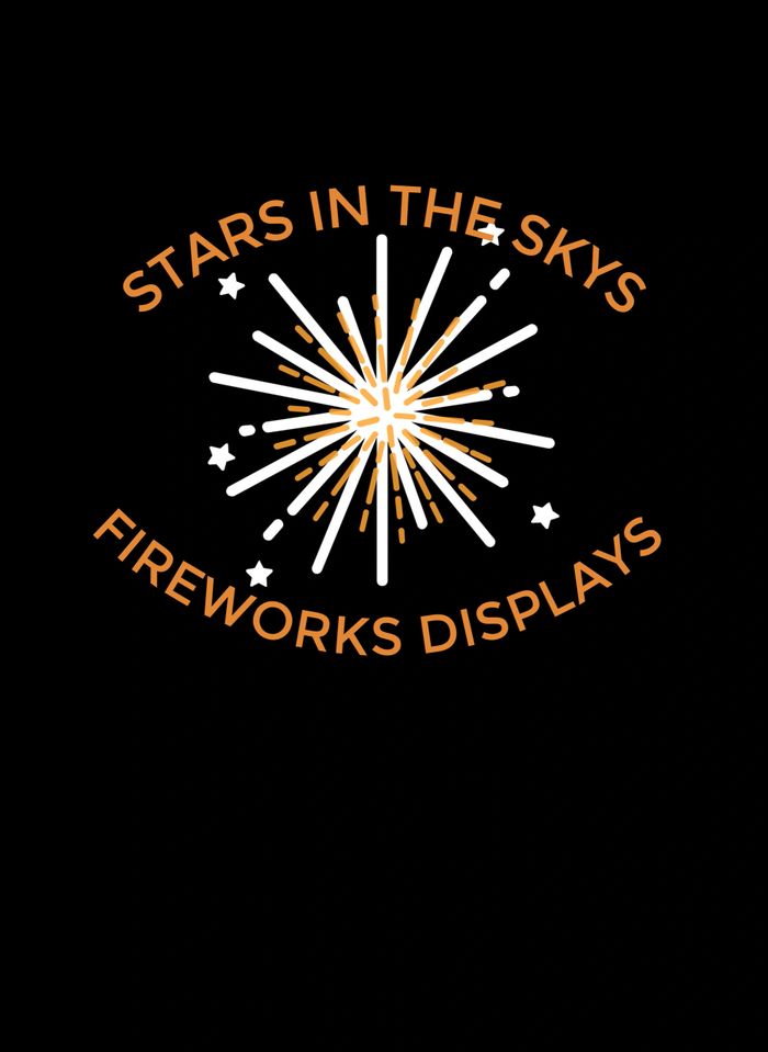Stylized fireworks logo with orange text on black background.