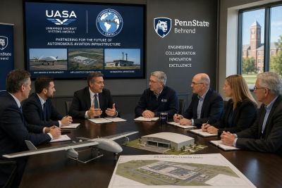 Business meeting discussing autonomous aviation infrastructure at Penn State Behrend.
