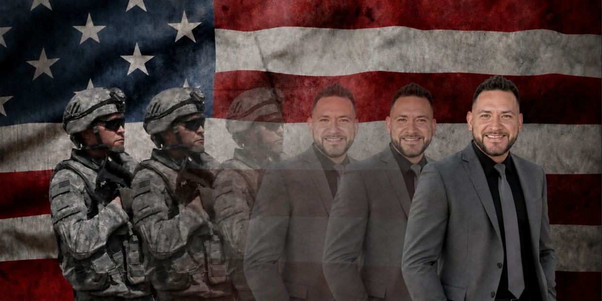 Composite image of soldier transforming into a businessman with American flag.