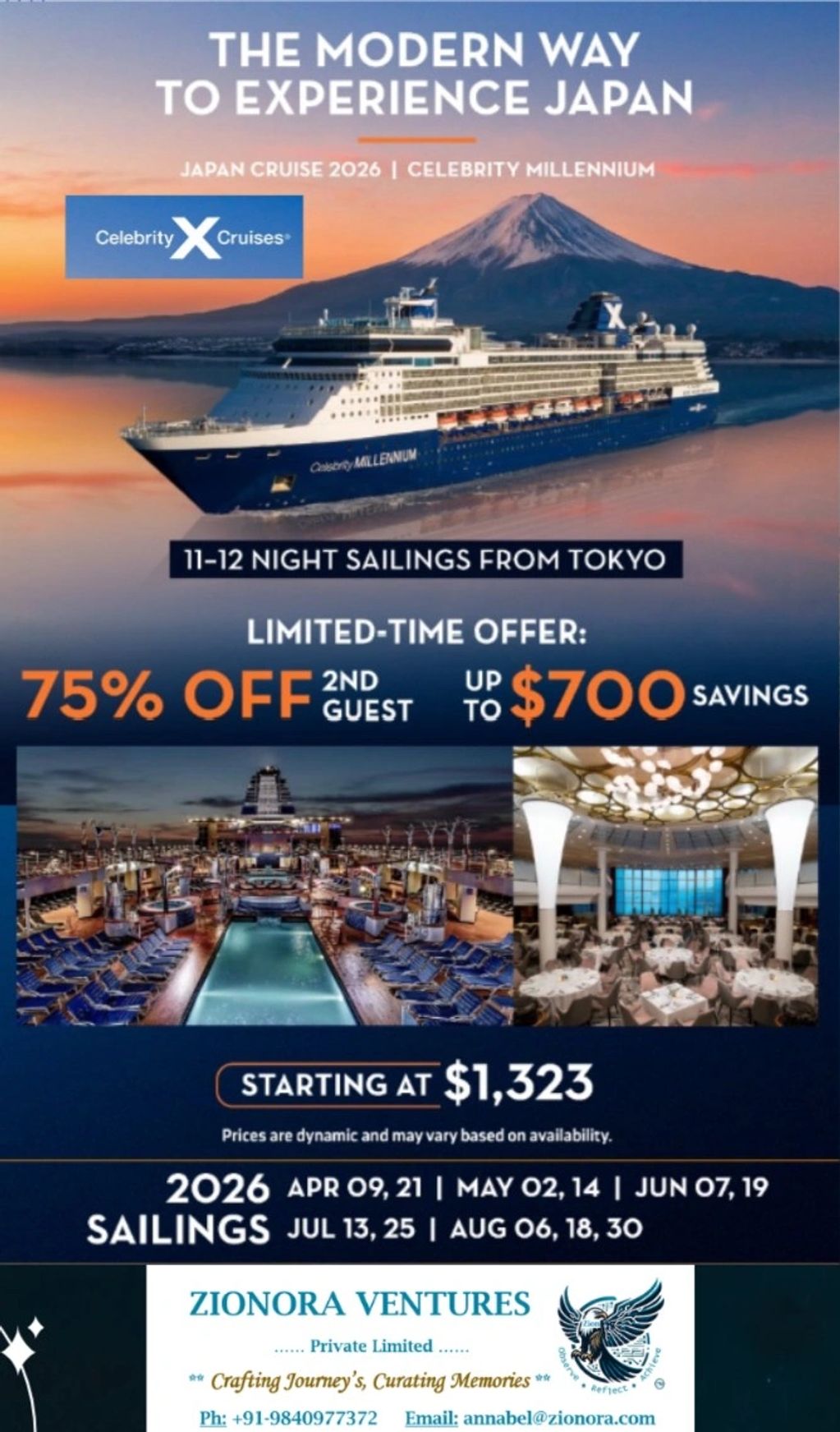 Celebrity Millennium cruise offers Japan sailings with discounts and savings.