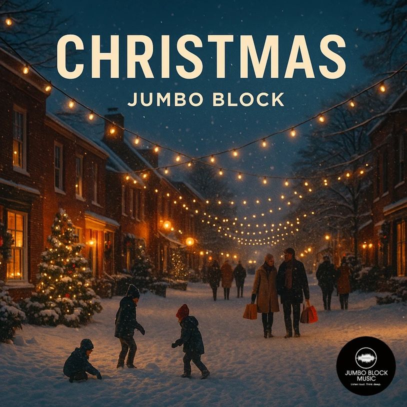Snowy Christmas street with festive lights and people enjoying the evening.
