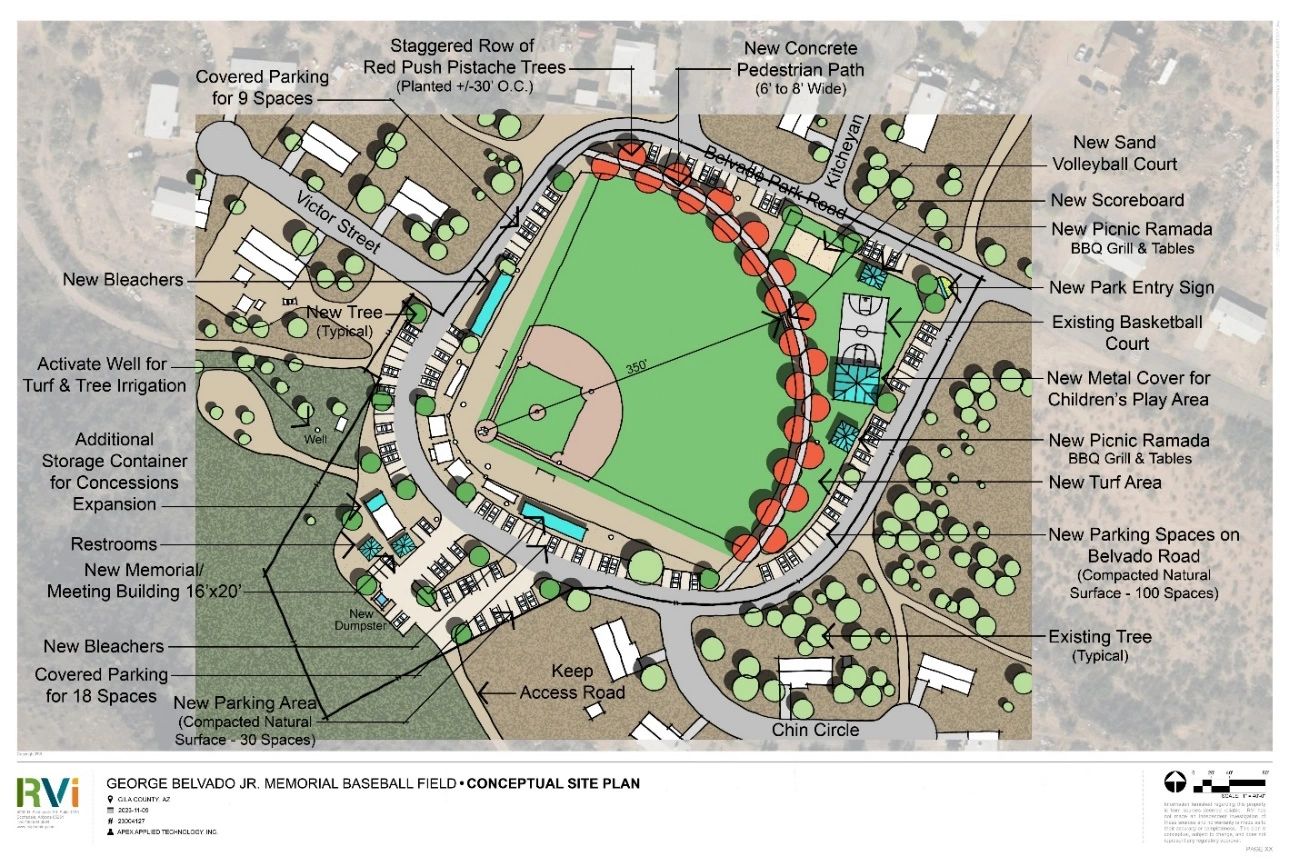 Conceptual Site Plan outlining new additions to the George Belvado Jr. Memorial Baseball Field