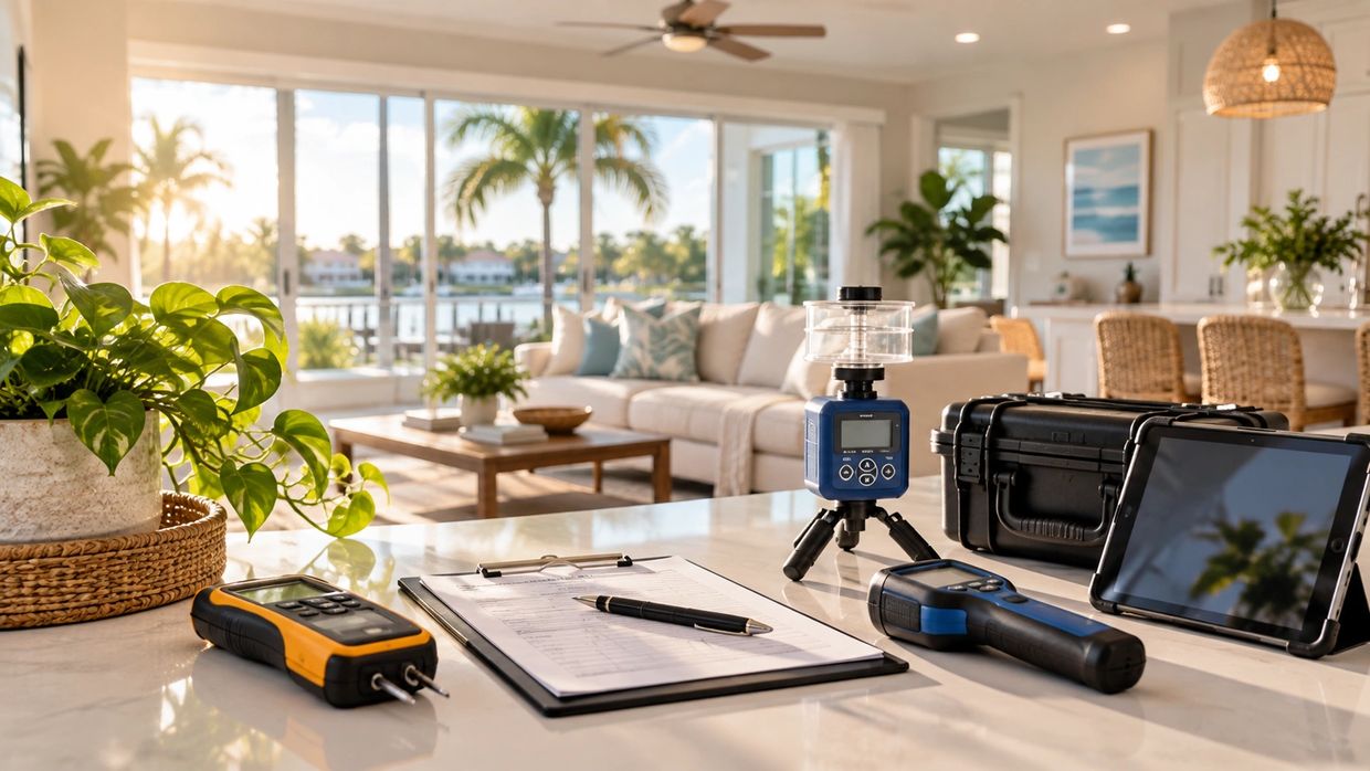Indoor air quality testing equipment on a kitchen island.