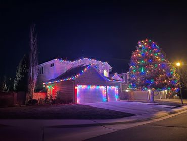 House and tree decorated with colorful Christmas lights at night.
