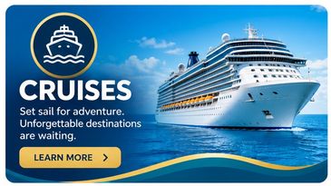 Cruises ad with a luxurious cruise ship sailing on the ocean.