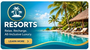 Luxury resort poolside with palm trees and sun loungers.