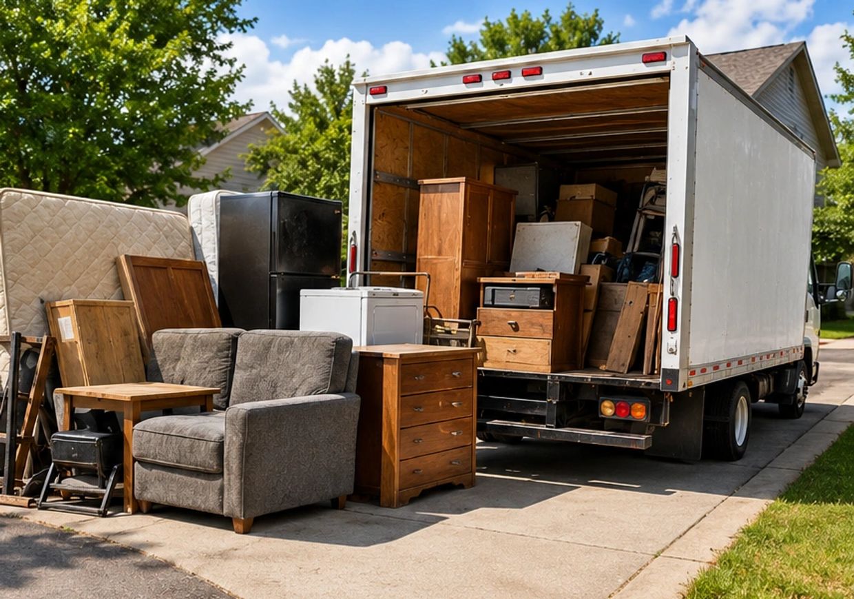 Furniture and appliances being moved into a truck.