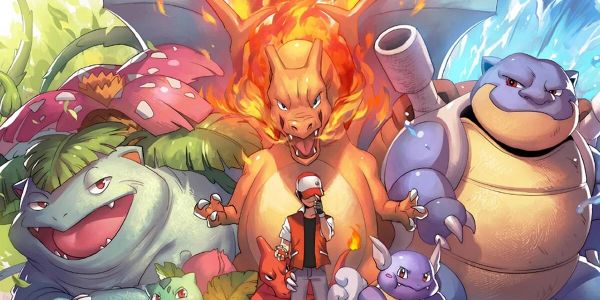 Iconic Pokémon lineup with their trainer.
