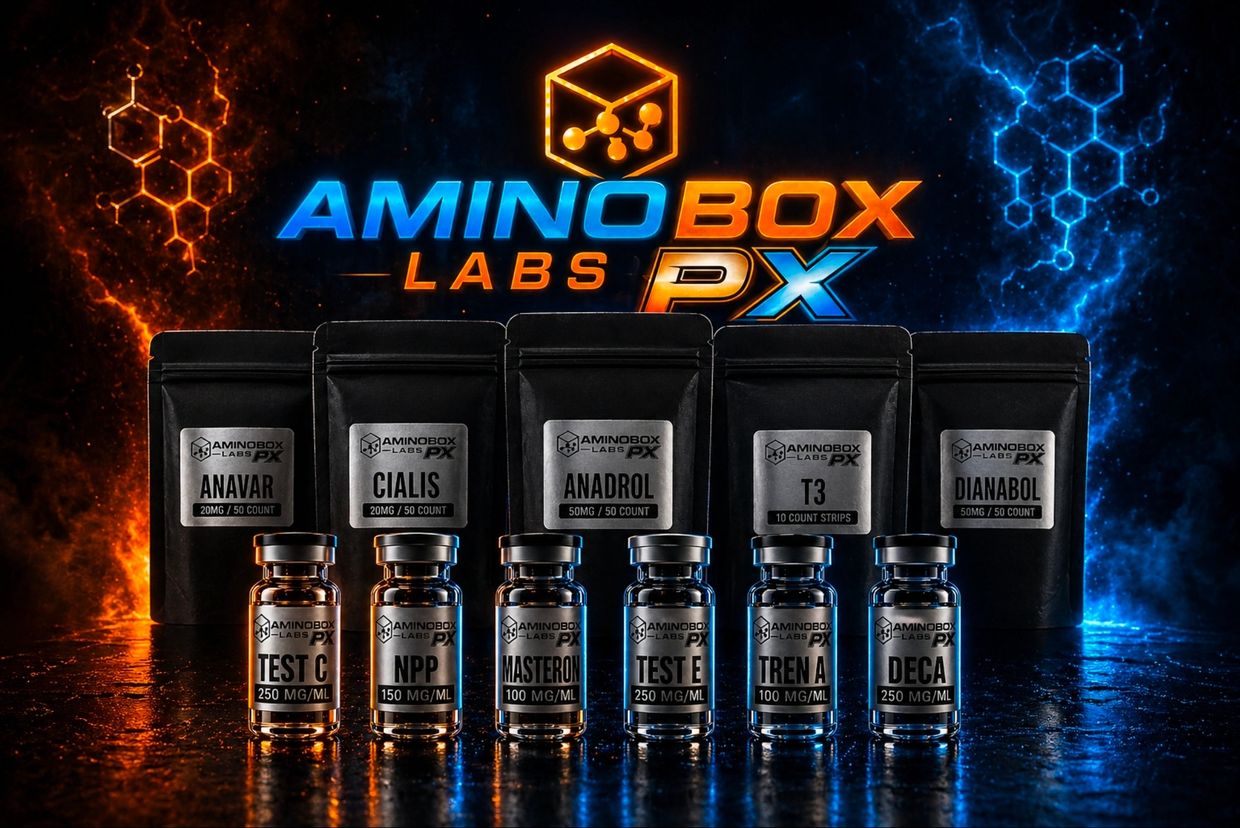 Aminobox Labs PX supplements with vibrant orange and blue molecular backgrounds.