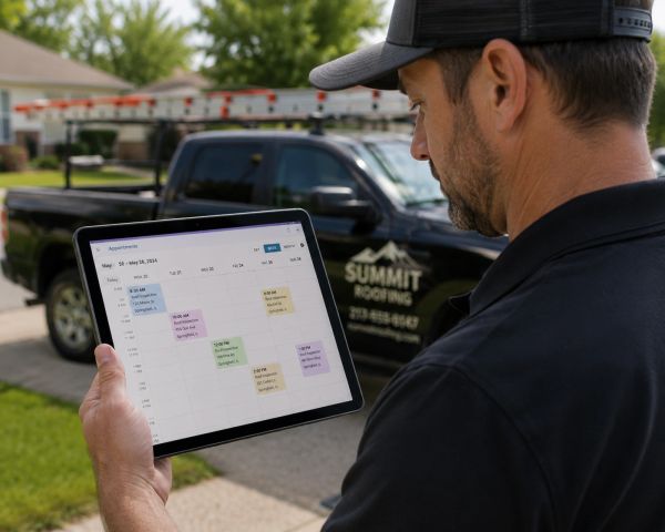 Man checks roofing appointments on a tablet outdoors.