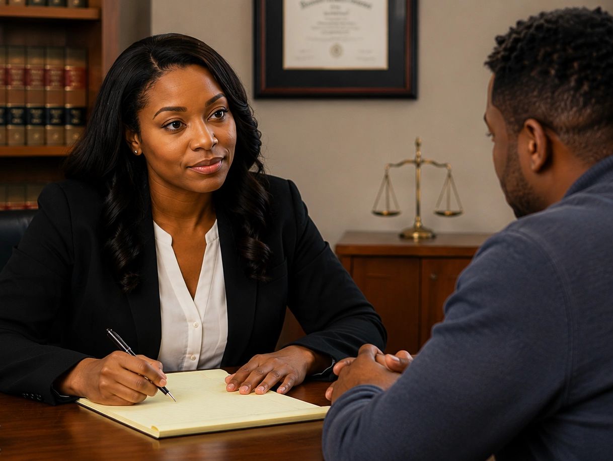 Female lawyer consulting a male client in her office.