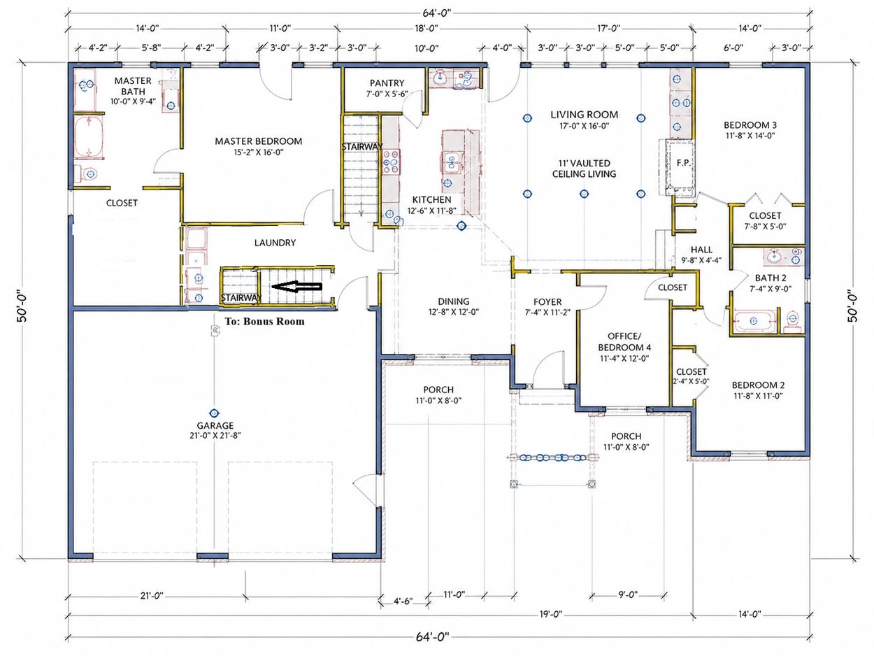 Detailed single-story house floor plan with living spaces, bedrooms, and garage.