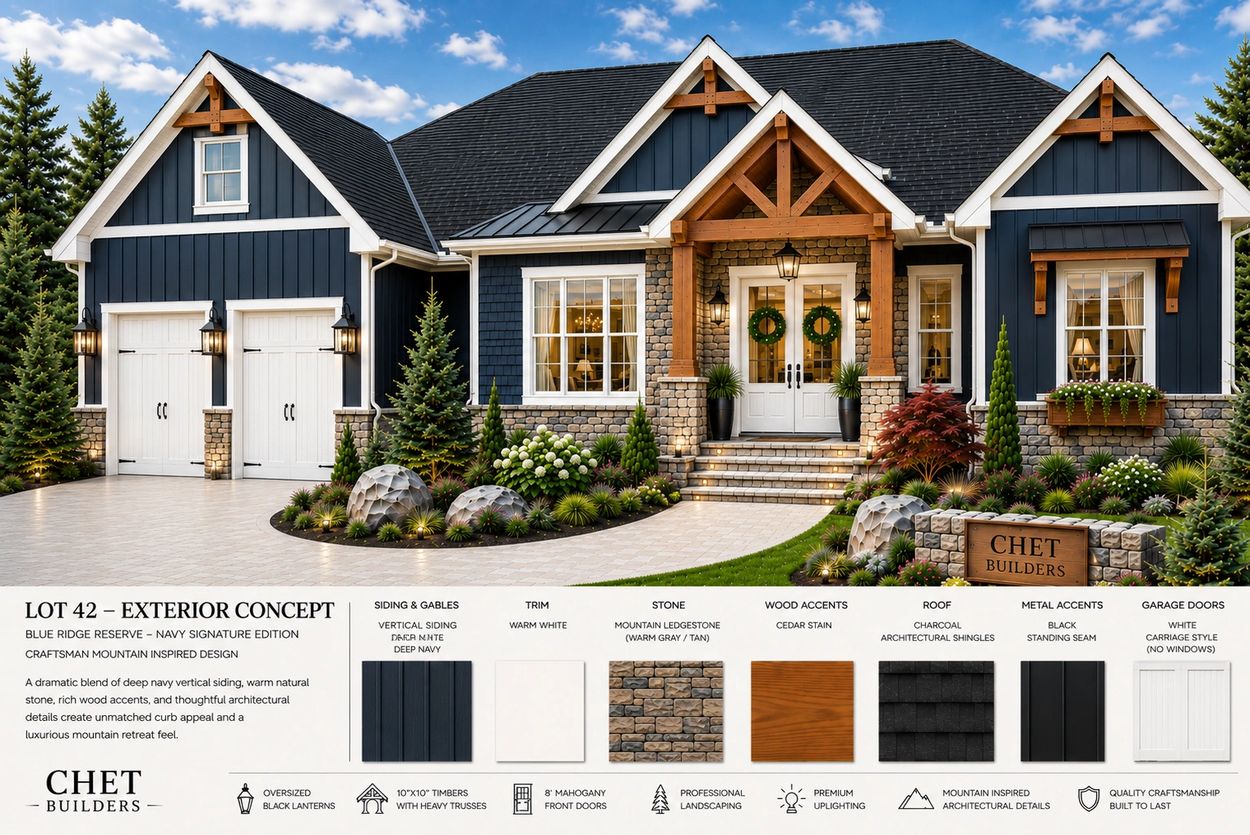 Craftsman-style mountain home with navy siding and stone accents.