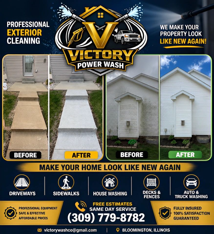 Before and after images of exterior cleaning by Victory Power Wash.