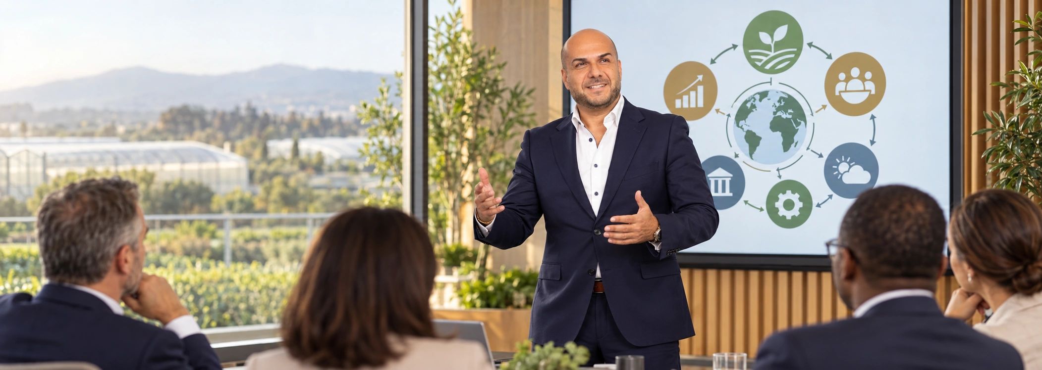 Businessman giving presentation on sustainability to colleagues.