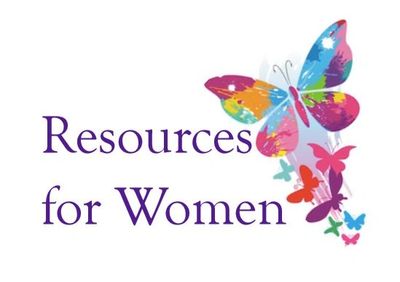 Colorful butterfly with text 'Resources for Women' on white background.