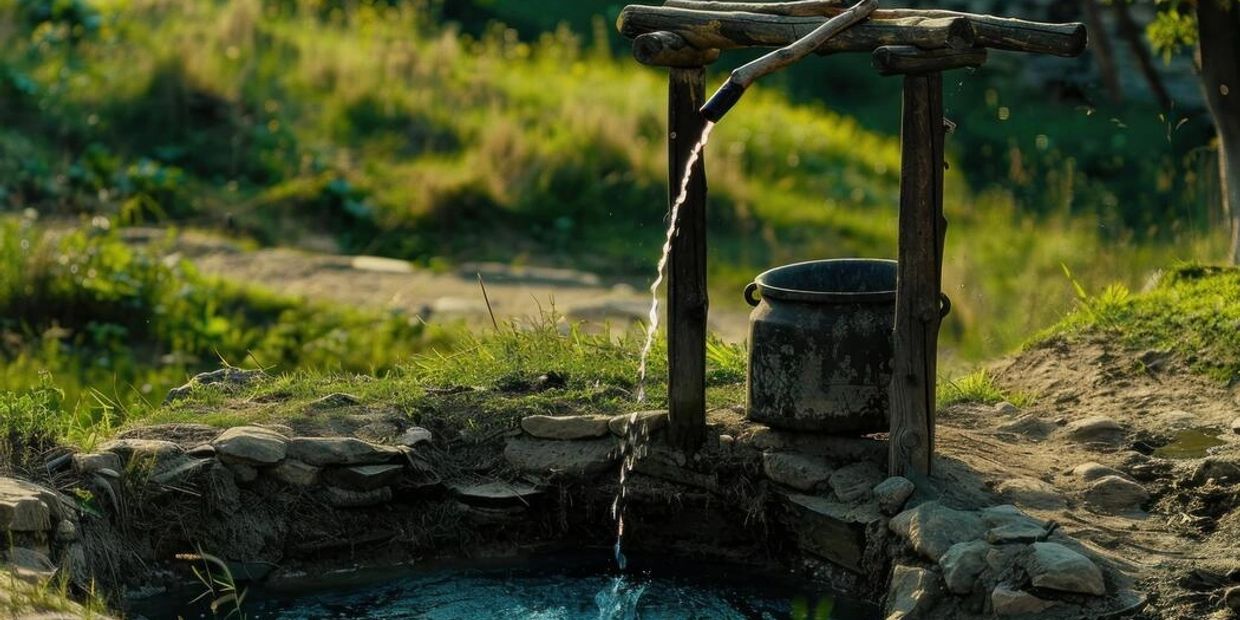 Water flowing from a rustic wooden pipe into a stone-lined well.
