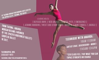 Amanda Morgan leaping and profile in a flyer for her masterclass