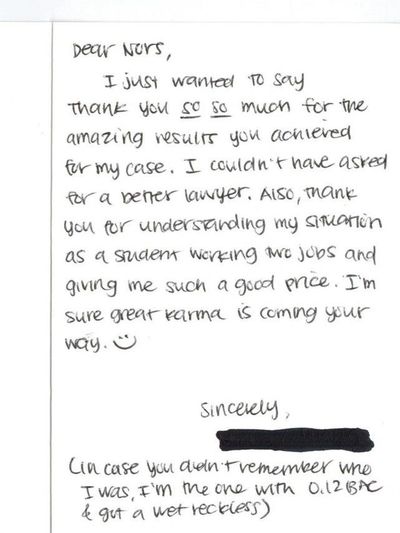 A kind thank you from one of San Francisco DUI attorney Nors Davidson's happy former clients.