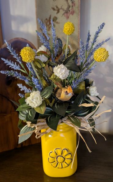 Yellow Jar with Alllium and Yellow Bird