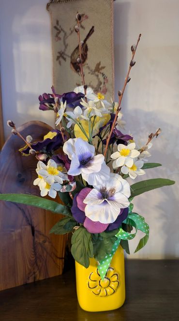 Yellow Jar with Pansies, Daffodils, and Pussy Willow