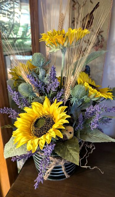 Sunflower Arrangement with Purple Milo, Thistles and Wheat